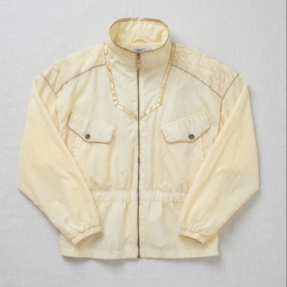 East West Vintage Nylon Windbreaker Jacket Cream Gold Metallic Embroidered Med
